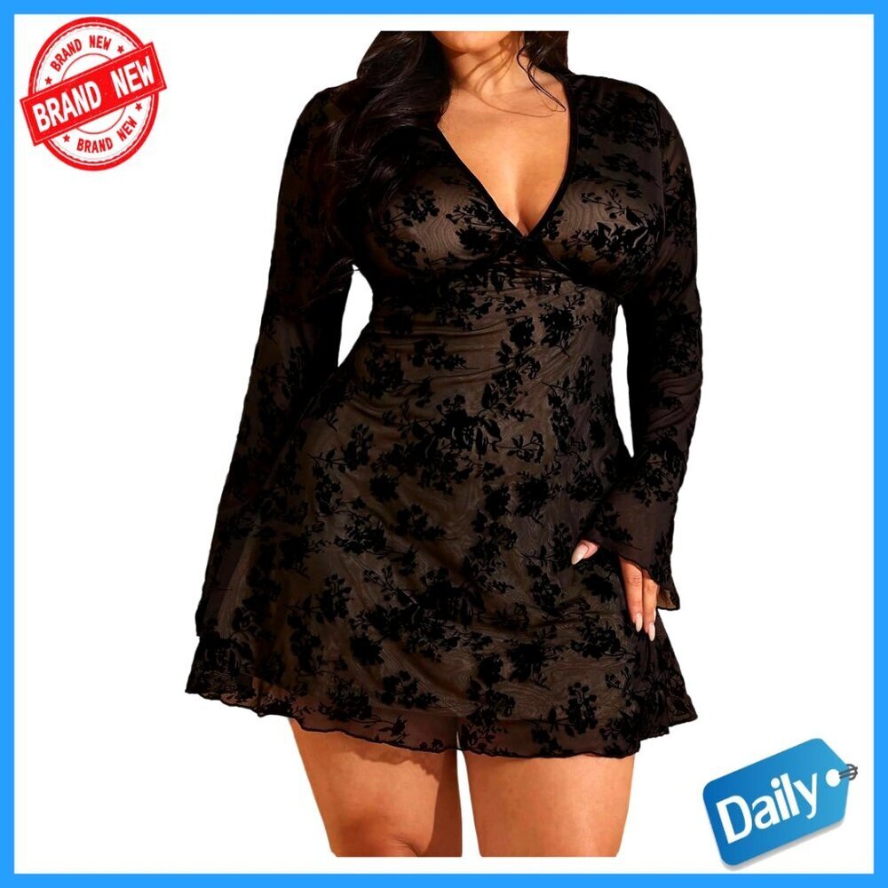 Vintage Floral Mesh Mini Dress Ruffle V Neck Bell Sleeve Plus Size